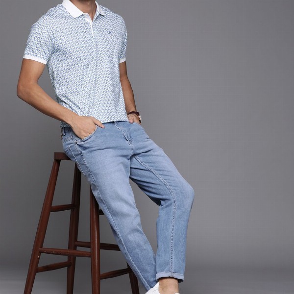 Raymond Men Blue & White Printed Polo Collar T-shirt