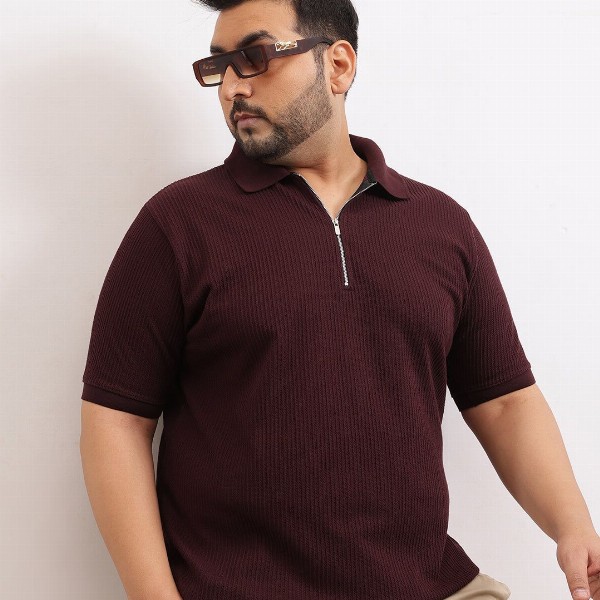 UNSTD Men Plus Size Zipper Textured Polo T-Shirt