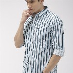 The Indian Garage Co Men White & Teal Blue Slim Fit Striped Casual Shirt