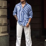 Powerlook Men Spread Collar Vertical Striped Cotton Casual Shirt