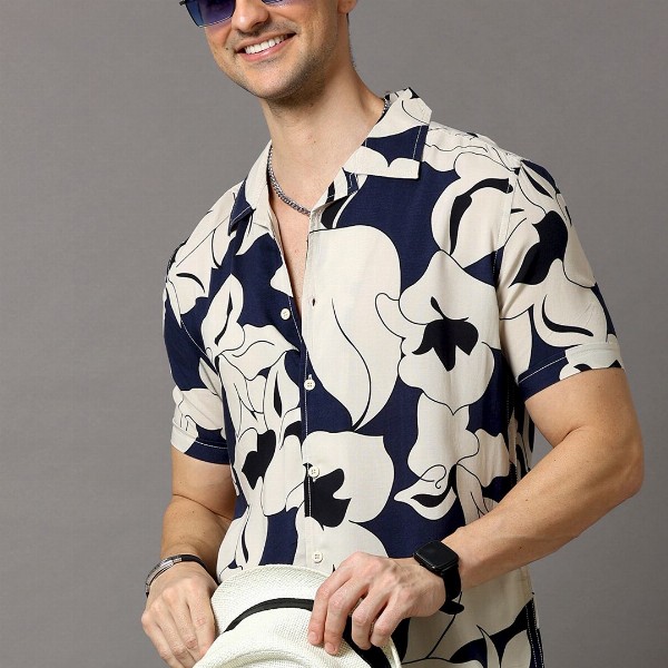 HERE&NOW Men Navy Blue & Off White Slim Fit Printed Casual Shirt