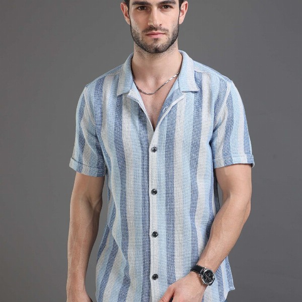 Moda Rapido blue Slim Fit Striped Short Sleeves Cotton Casual Shirt