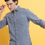 HIGHLANDER Grey Slim Fit Striped Casual Cotton Shirt