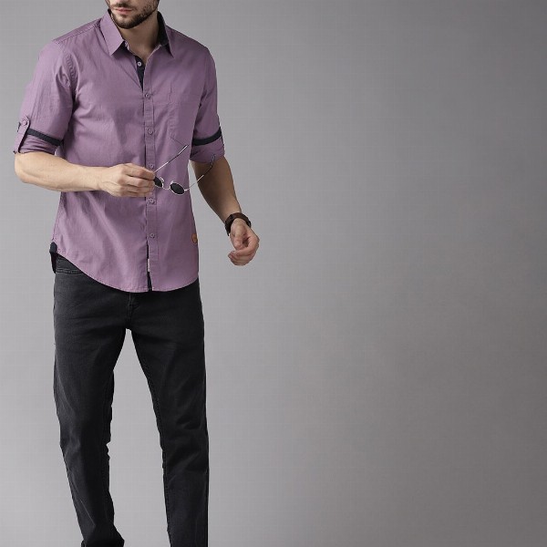 Roadster Men Purple Pure Cotton Solid Opaque Casual Shirt