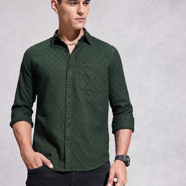 WROGN Opaque Self Design Textured Pure Cotton Casual Shirt
