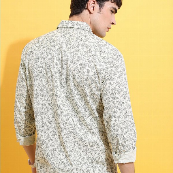 HIGHLANDER Lime Green Floral Printed Spread Collar Slim Fit Cotton Casual Shirt