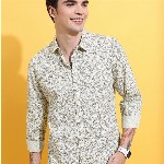 HIGHLANDER Lime Green Floral Printed Spread Collar Slim Fit Cotton Casual Shirt