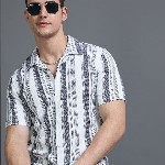 HERE&NOW White Slim Fit Vertical Striped Cuban Collar Cotton Casual Shirt