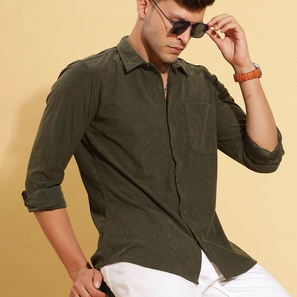 HERE&NOW Spread Collar Slim Fit Corduroy Casual Shirt