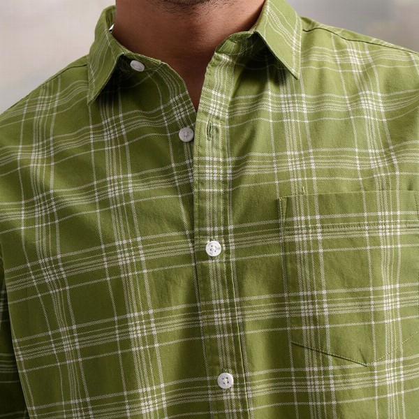 HIGHLANDER Green Classic Slim Fit Tartan Checked Spread Collar Cotton Casual Shirt