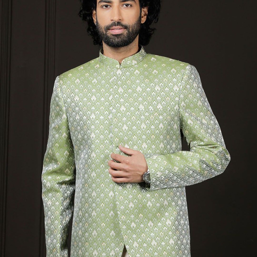 VASTRAMAY Self Design Mandarin Collar Slim Fit Single Breasted Silk Jodhpuri Blazer