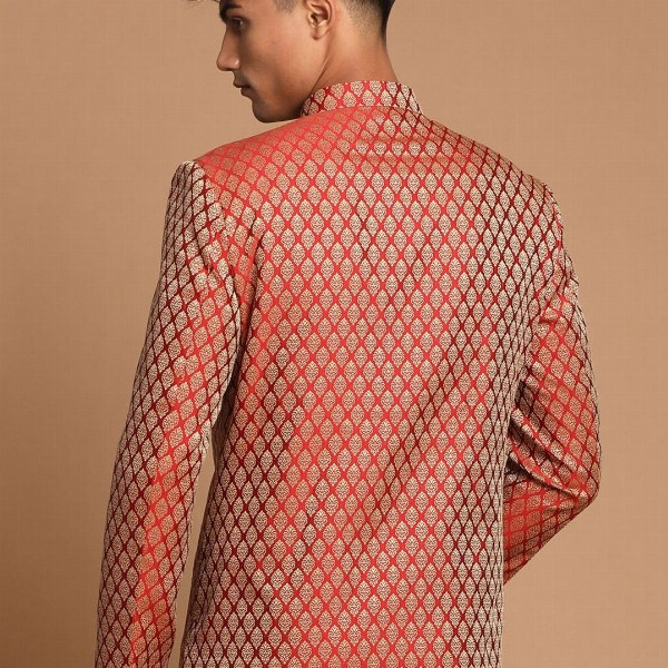 VASTRAMAY Men Maroon Self-Design Slim-Fit Bandhgala Blazer