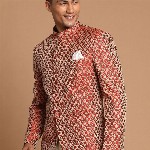 VASTRAMAY Men Maroon Self-Design Slim-Fit Bandhgala Blazer