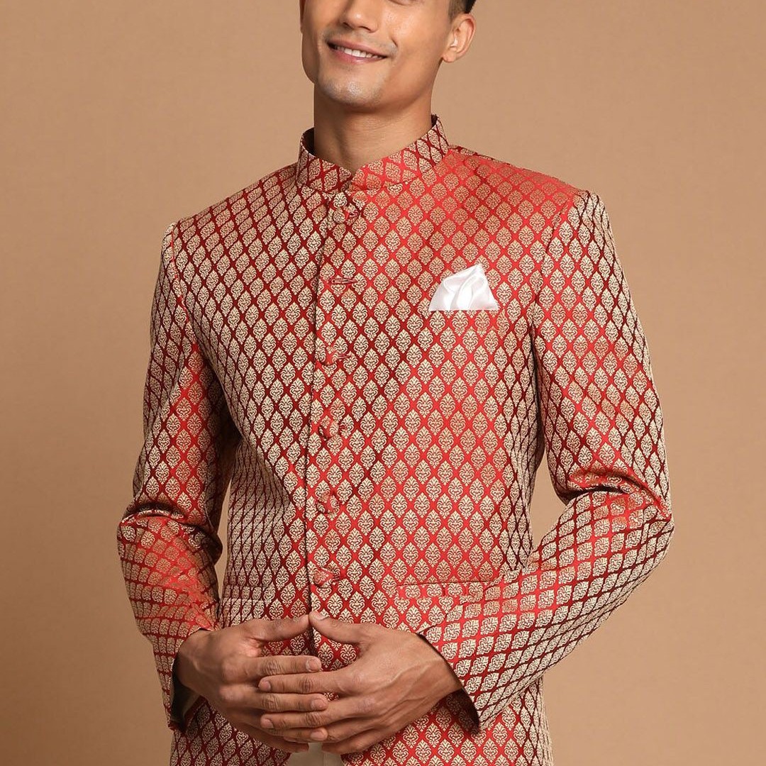 VASTRAMAY Men Maroon Self-Design Slim-Fit Bandhgala Blazer