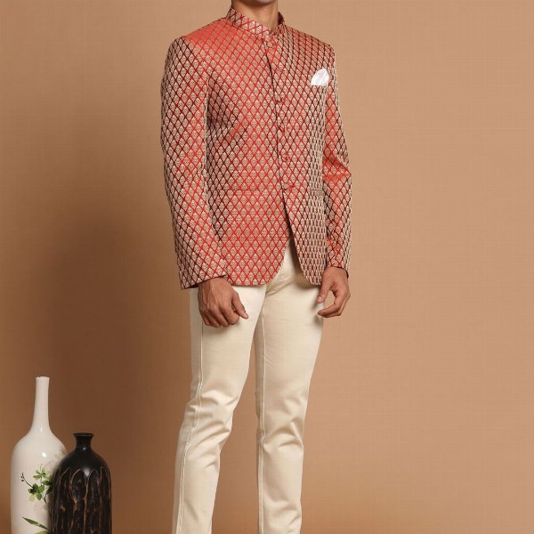 VASTRAMAY Men Maroon Self-Design Slim-Fit Bandhgala Blazer