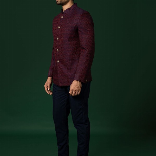 KISAH Woven-Design Bandhgala Blazer