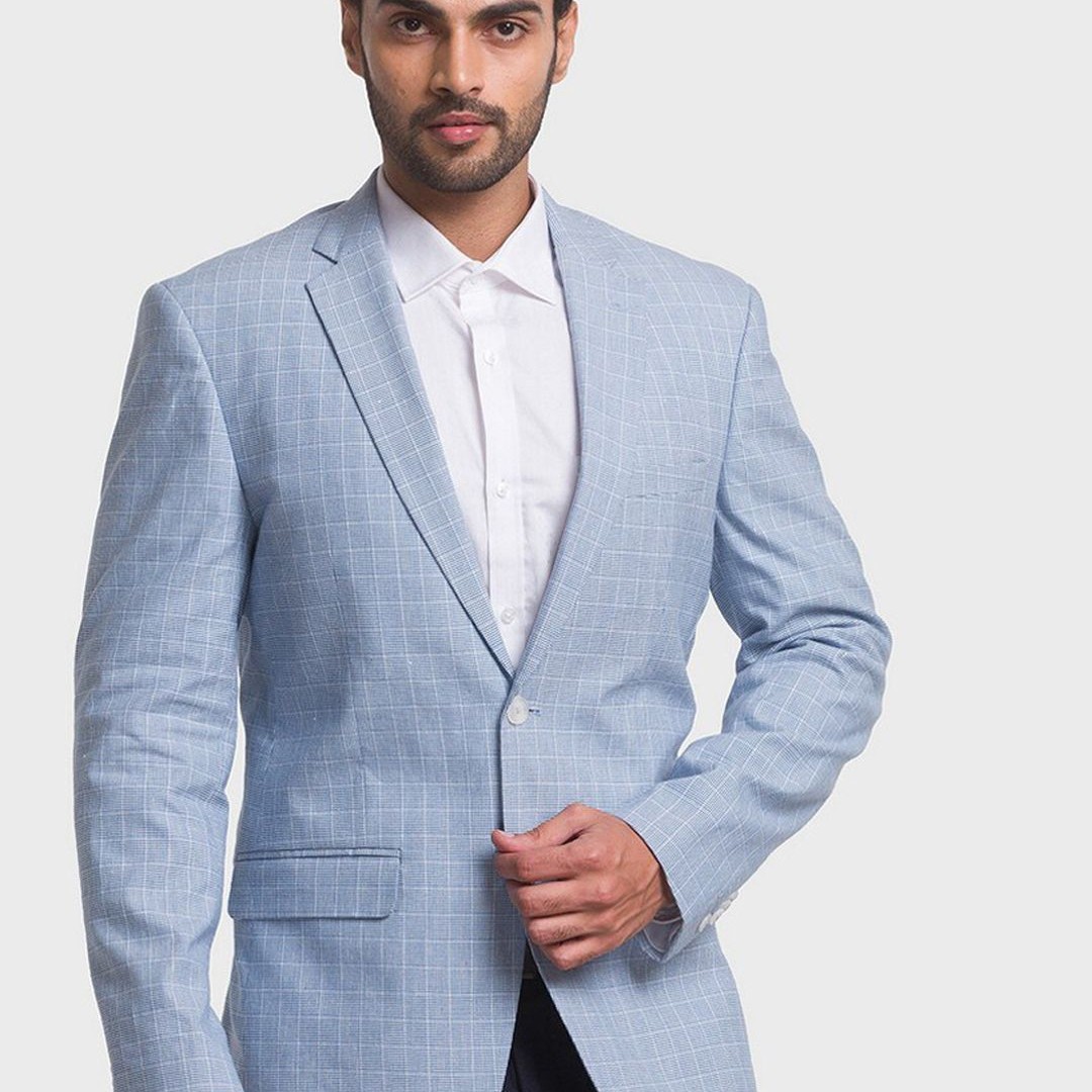 ColorPlus Men Blue Checked Single-Breasted Linen Formal Blazers