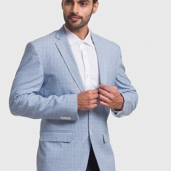 ColorPlus Men Blue Checked Single-Breasted Linen Formal Blazers