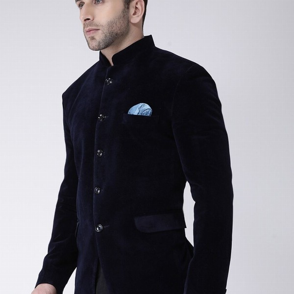 Hangup Men Blue Solid Velvet Bandhgala Party Blazer
