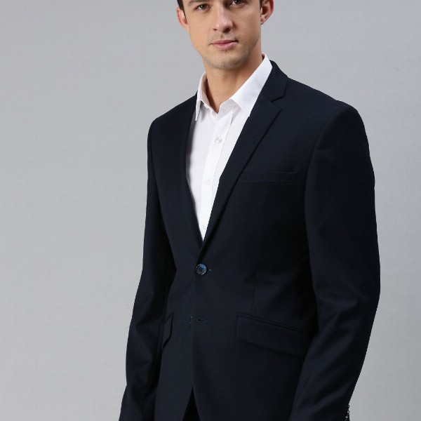 Park Avenue Men Navy Blue Super Slim Fit Solid Single-Breasted Formal Blazer