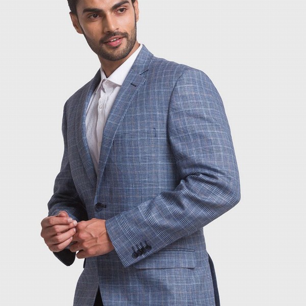 ColorPlus Men Blue Checked Single-Breasted Formal Linen Blazer