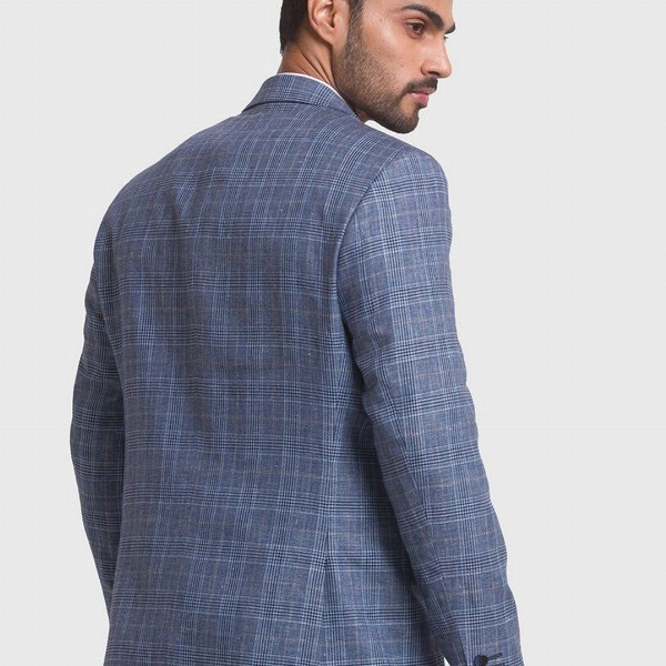 ColorPlus Men Blue Checked Single-Breasted Formal Linen Blazer