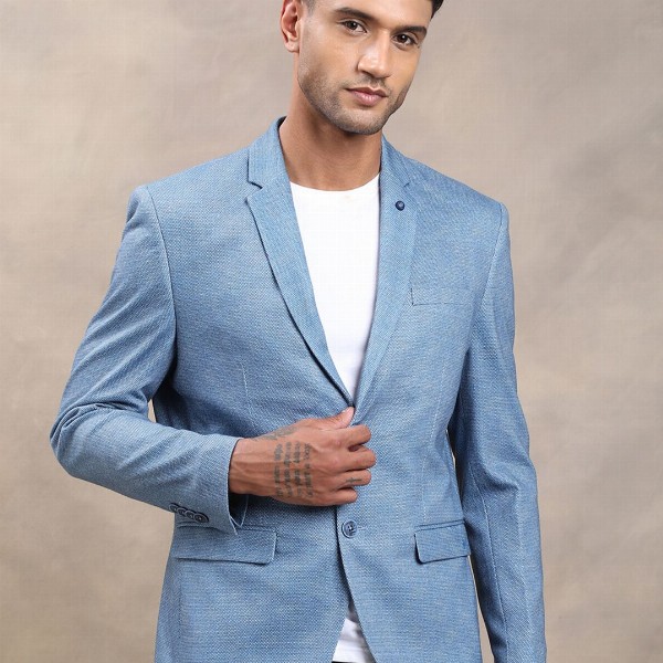 Turtle Men Navy Blue Self-Design Single-Breasted Casual Blazer