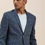 INVICTUS Men Navy Blue Slim Checked Pure Linen Single-Breasted Smart Casual Blazer