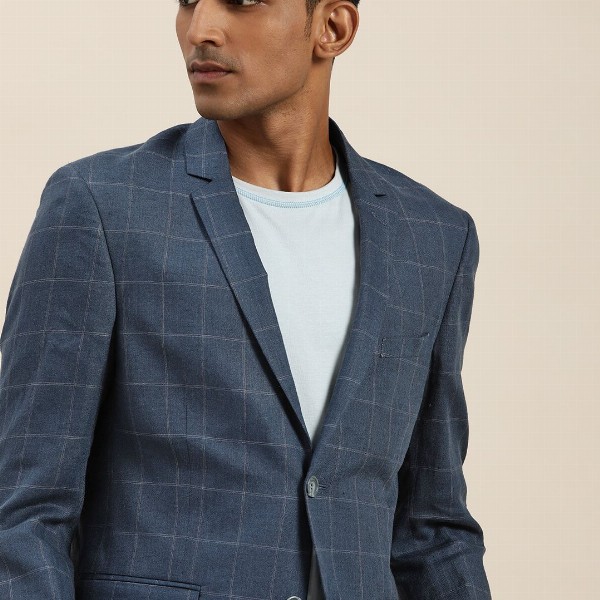 INVICTUS Men Navy Blue Slim Checked Pure Linen Single-Breasted Smart Casual Blazer