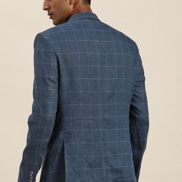 INVICTUS Men Navy Blue Slim Checked Pure Linen Single-Breasted Smart Casual Blazer