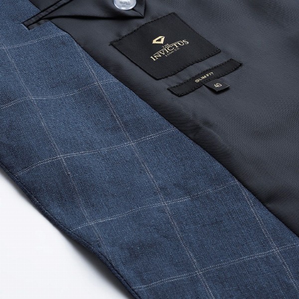 INVICTUS Men Navy Blue Slim Checked Pure Linen Single-Breasted Smart Casual Blazer