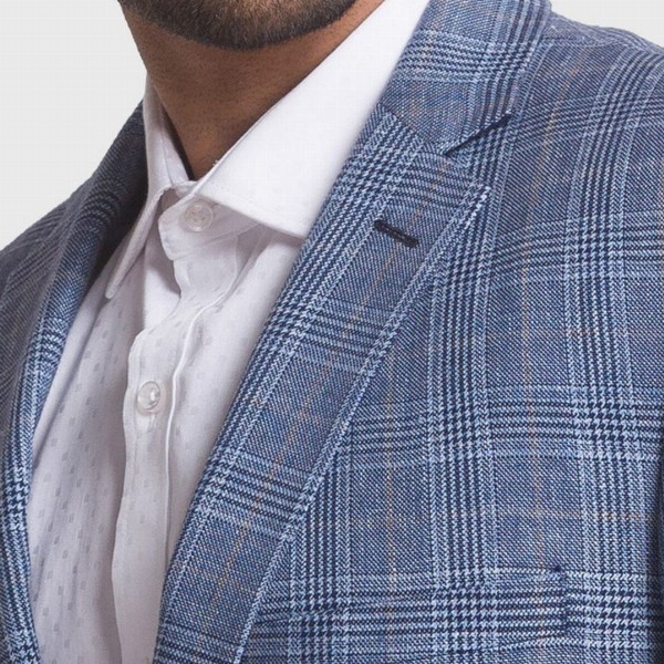 ColorPlus Men Blue Checked Single-Breasted Formal Linen Blazer