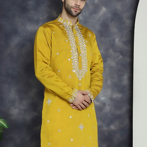 Jompers Geometric Embroidered Mandarin Collar Mirror Work Cotton Silk Straight Kurta