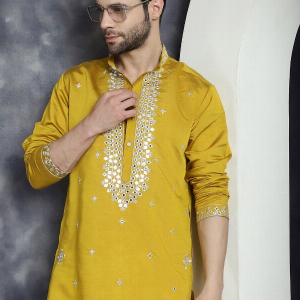 Jompers Geometric Embroidered Mandarin Collar Mirror Work Cotton Silk Straight Kurta