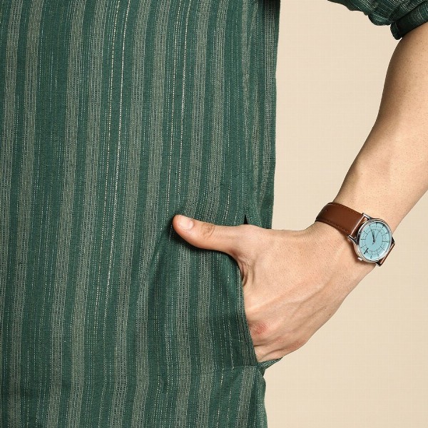 Anouk Men Green & Gold-Toned Striped Mandarin-Collar Kurta