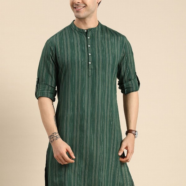 Anouk Men Green & Gold-Toned Striped Mandarin-Collar Kurta