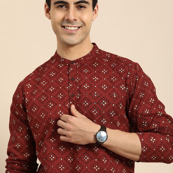 Anouk Men Red & Cream-Coloured Ethnic Motifs Printed Pure Cotton Short Kurta