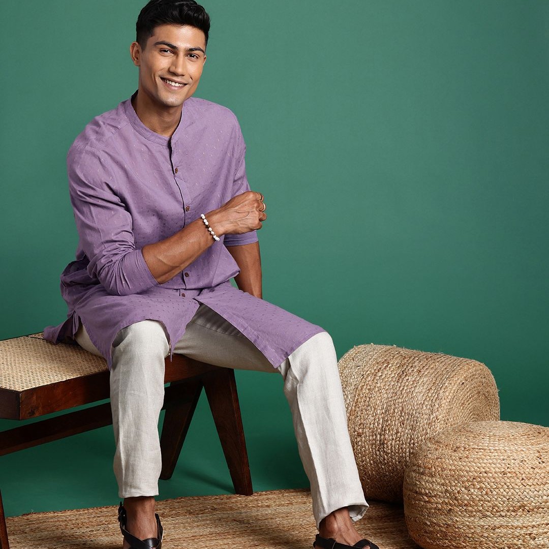 Sangria Men Woven Design Mandarin Collar Pure Cotton Kurta