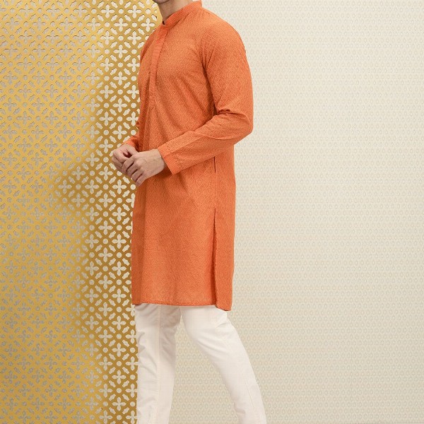 House of Pataudi Men Orange Jashn Chikankari Embroidered Kurta