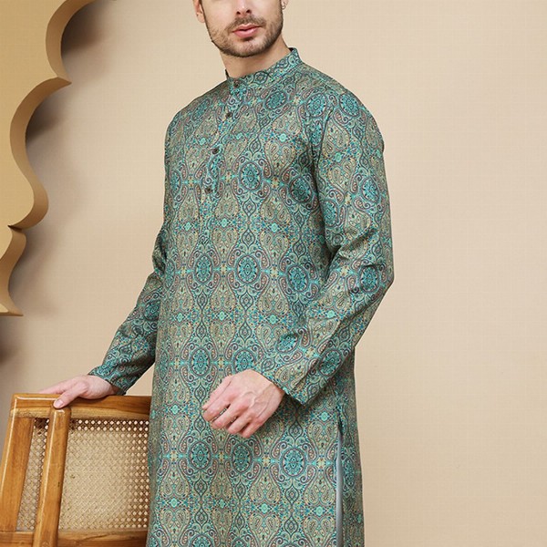 Anouk Rustic Paisley Printed Band Collar Straight Kurta
