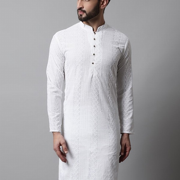 Jompers Men White Cotton Embroidered Chikankari Kurta