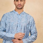 House of Pataudi Floral Embroidered Thread Work Mandarin Collar Straight Kurta