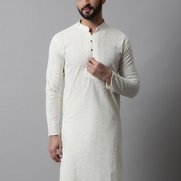 Jompers Men Cream-Coloured Ethnic Motifs Embroidered Cotton Kurta