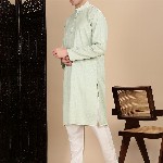 House of Pataudi Textured Mandarin Collar Cotton Straight Kurta