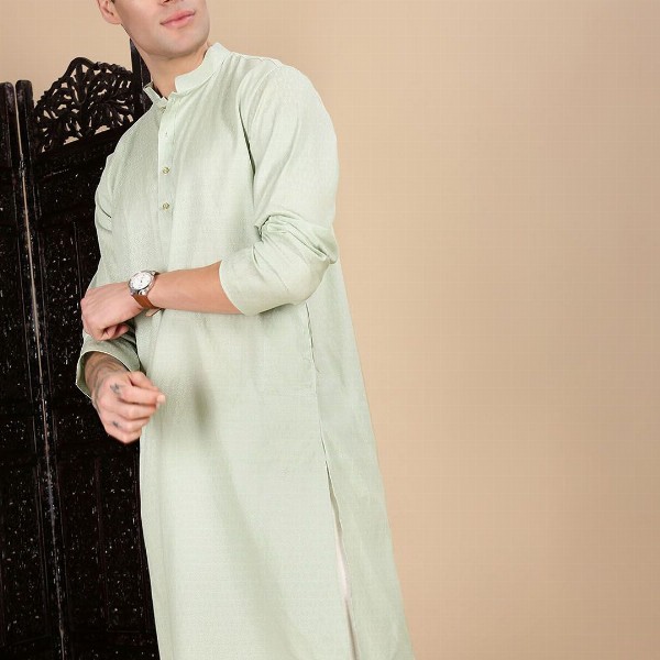 House of Pataudi Textured Mandarin Collar Cotton Straight Kurta