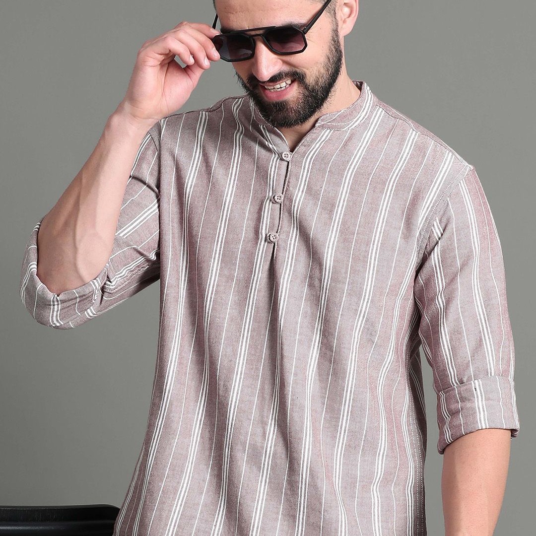 HERE&NOW Striped Mandarin Collar Long Sleeves Cotton A-Line Short Kurta
