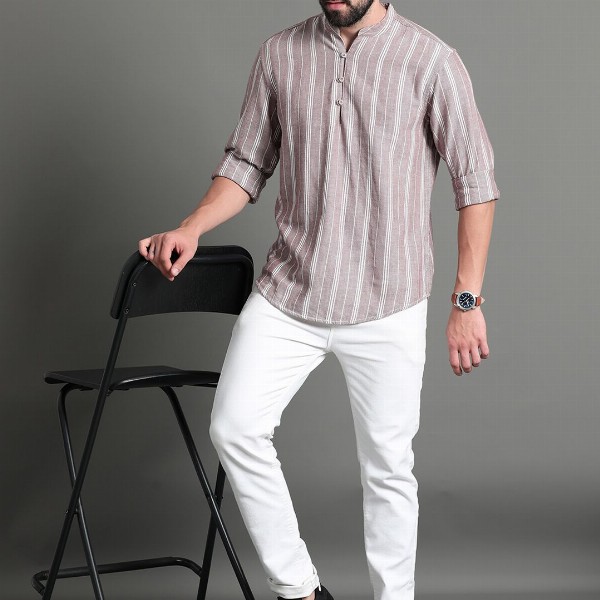 HERE&NOW Striped Mandarin Collar Long Sleeves Cotton A-Line Short Kurta