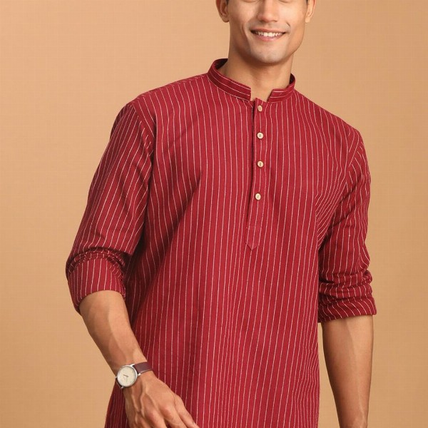 VASTRAMAY Striped Mandarin Collar Cotton Straight Kurta