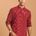 VASTRAMAY Striped Mandarin Collar Cotton Straight Kurta