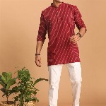 VASTRAMAY Striped Mandarin Collar Cotton Straight Kurta